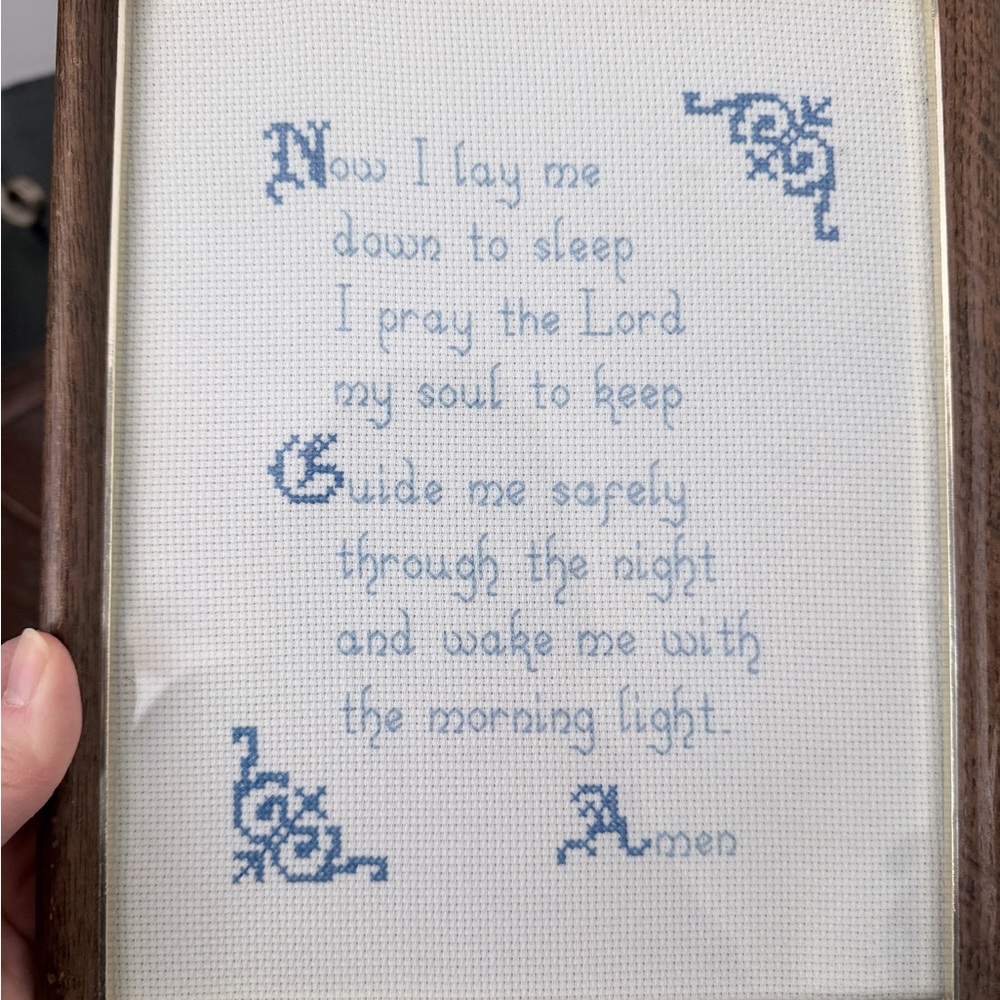 Framed Cross-Stitch Prayer Art in Blue